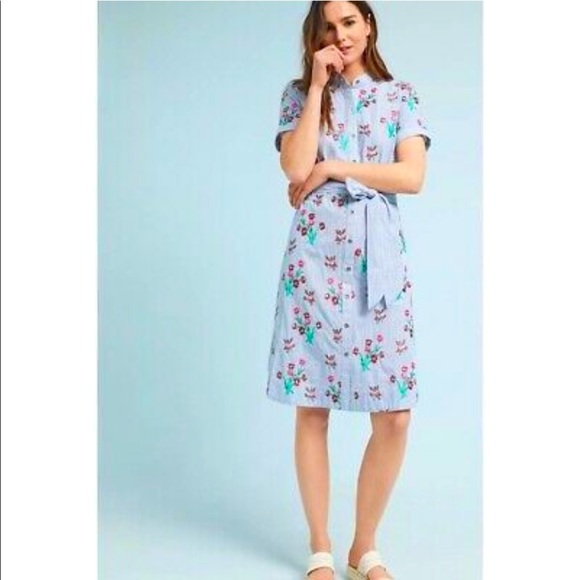 Maeve Anthropologie Blue Striped Floral Embroidered Shirt Dress Size 2 - Picture 2 of 4